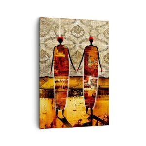 Bild auf Leinwand - Leinwandbild - Ein abstraktes Figurenpaar vor einem Hintergrund aus goldenen Mustern und einer Landschaft. - 70x100cm - Ethnische Zusammensetzung in den Farben Afrikas - Moderne Wanddekoration für Wohnzimmer und Schlafzimmer ARTTOR