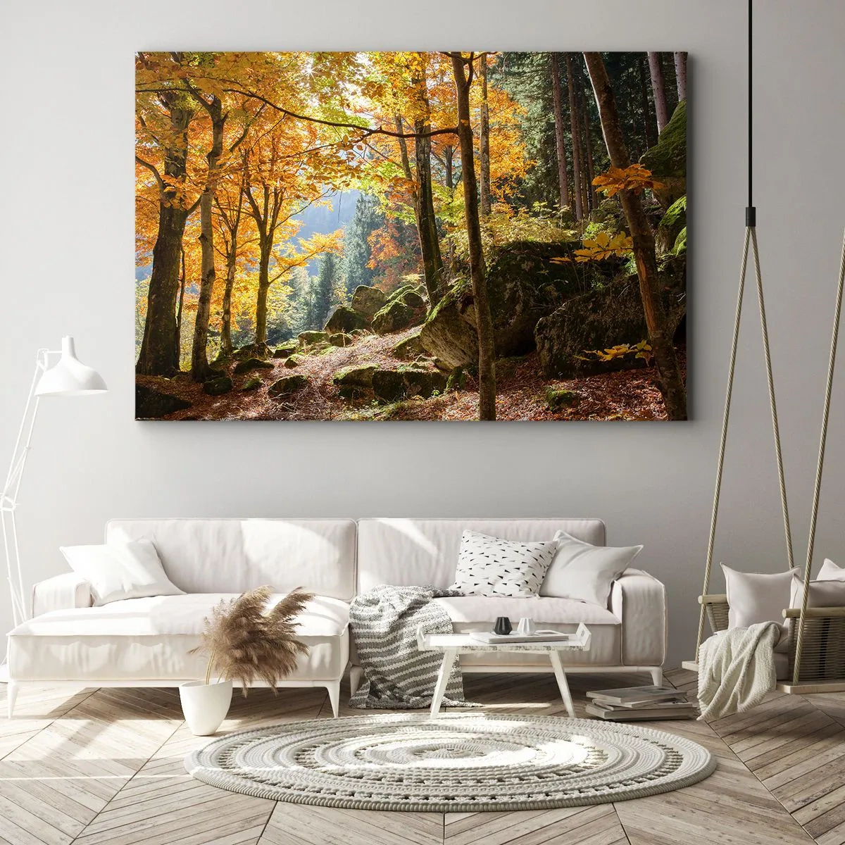 Bild auf Leinwand - Leinwandbild - Ein Herbstwald voller goldener Blätter und Sonnenlicht - 100x70cm - Zeit zum Entspannen - Moderne Wanddekoration für Wohnzimmer und Schlafzimmer ARTTOR