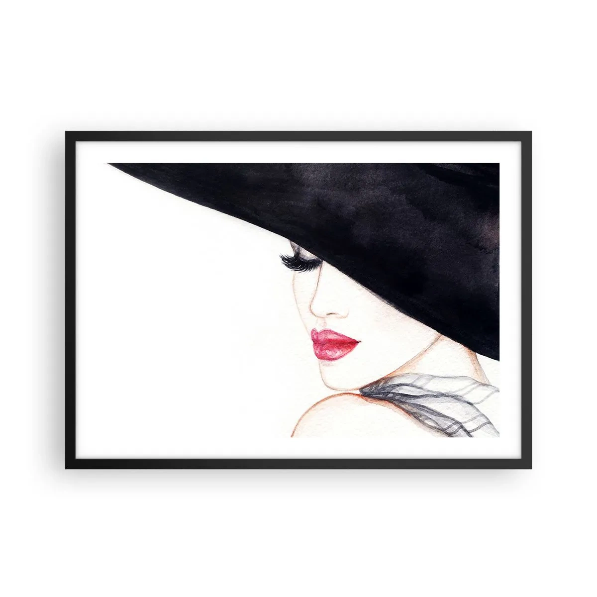 Poster in einem schwarzem Rahmen - Eine subtile Illustration einer Frau mit schwarzem Hut und roten Lippen - 70x50cm - Eleganz und Sinnlichkeit - Moderne Wanddekoration für Wohnzimmer und Schlafzimmer ARTTOR