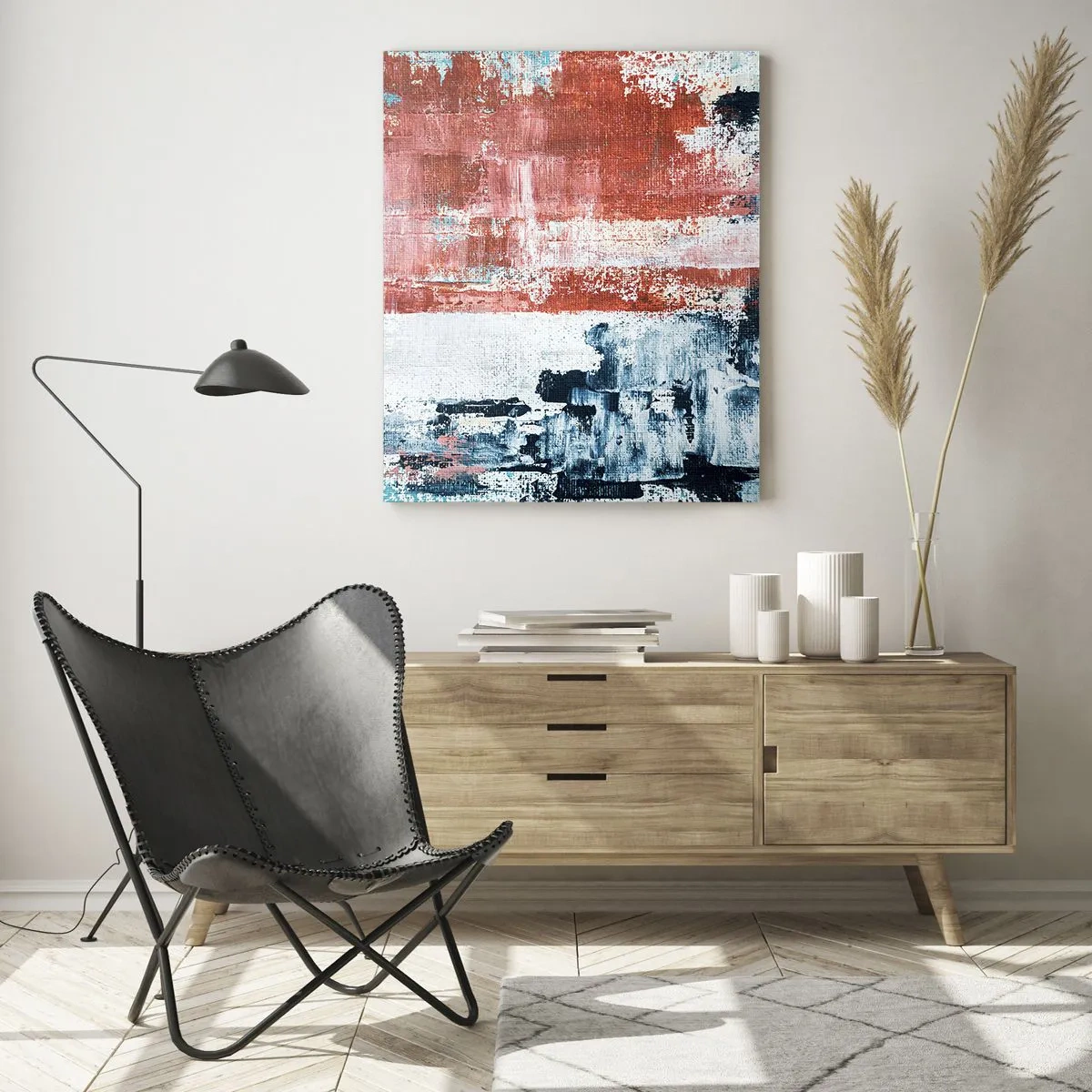 Glasbild - Bild auf glas - Abstraktion in Weiß-, Blau- und Ziegelfarben - 70x100cm - Fünfzig-Fünfzig abstrakt - Moderne Wanddekoration für Wohnzimmer und Schlafzimmer ARTTOR