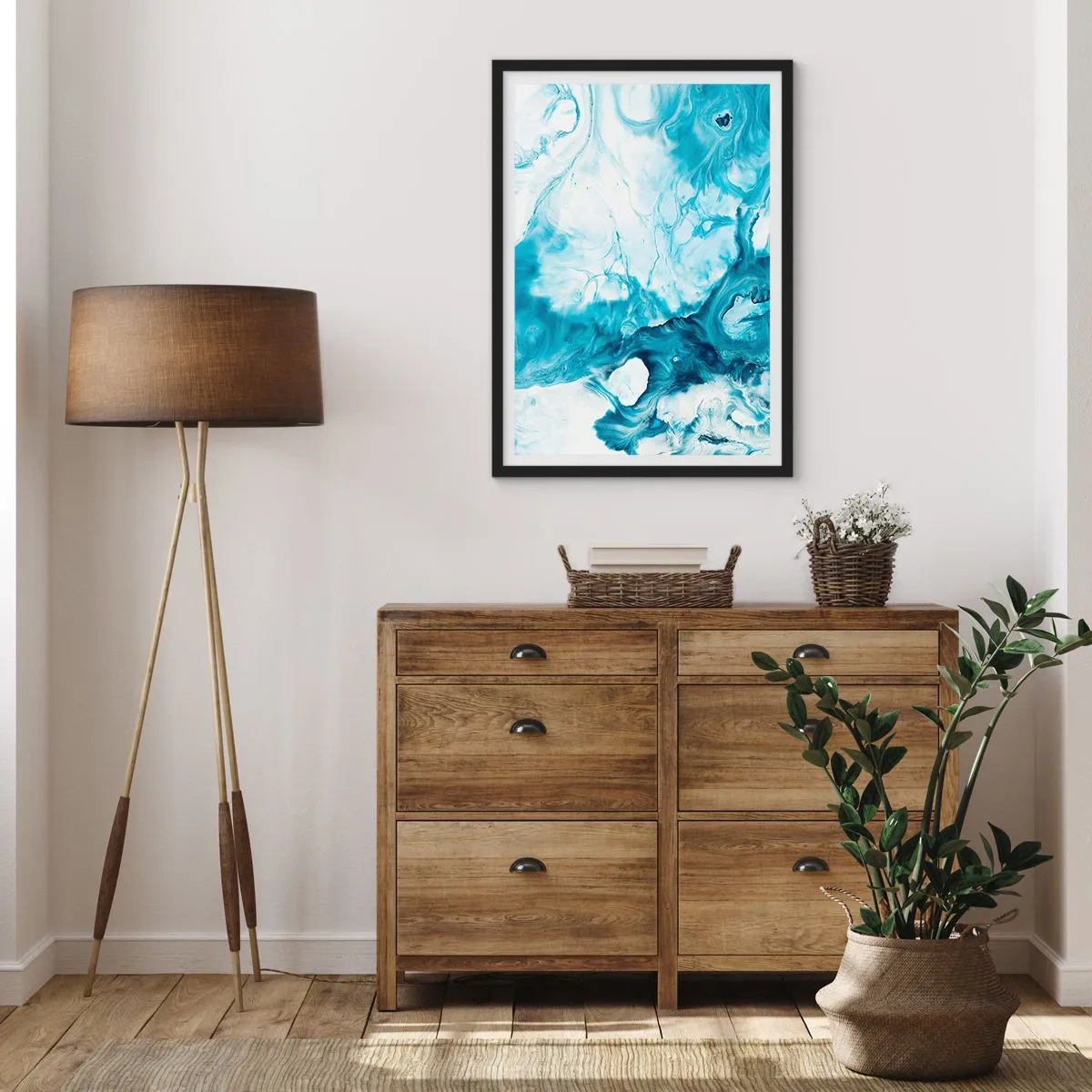 Poster in einem schwarzem Rahmen - Abstrakte Komposition in Blau- und Weißtönen - 50x70cm - Blaues Konzert - Moderne Wanddekoration für Wohnzimmer und Schlafzimmer ARTTOR