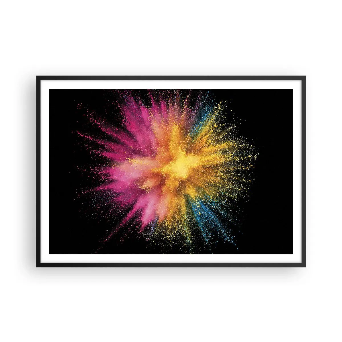 Poster in einem schwarzem Rahmen - Bunte Pulverexplosion auf schwarzem Hintergrund - 100x70cm - Die Geburt der Farben - Moderne Wanddekoration für Wohnzimmer und Schlafzimmer ARTTOR