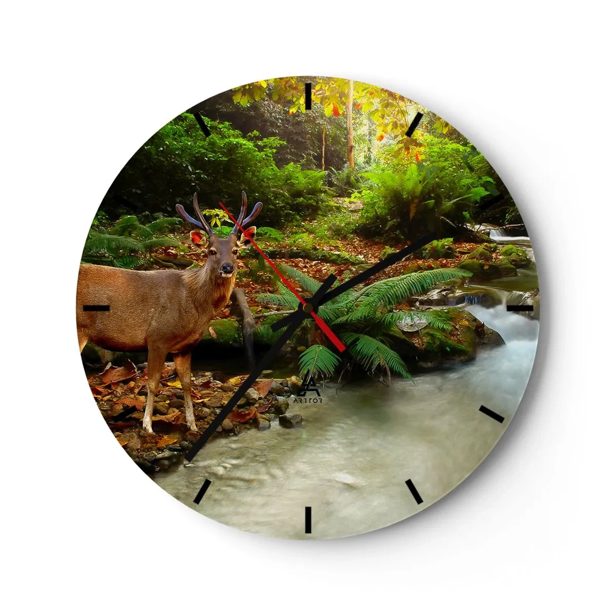 Wanduhr - Glasuhr - Hirsche in einer Waldlandschaft an einem Bach - 30x30cm - Willkommen in meiner Welt - Moderne Wanddekoration für Wohnzimmer, Küche und Schlafzimmer ARTTOR
