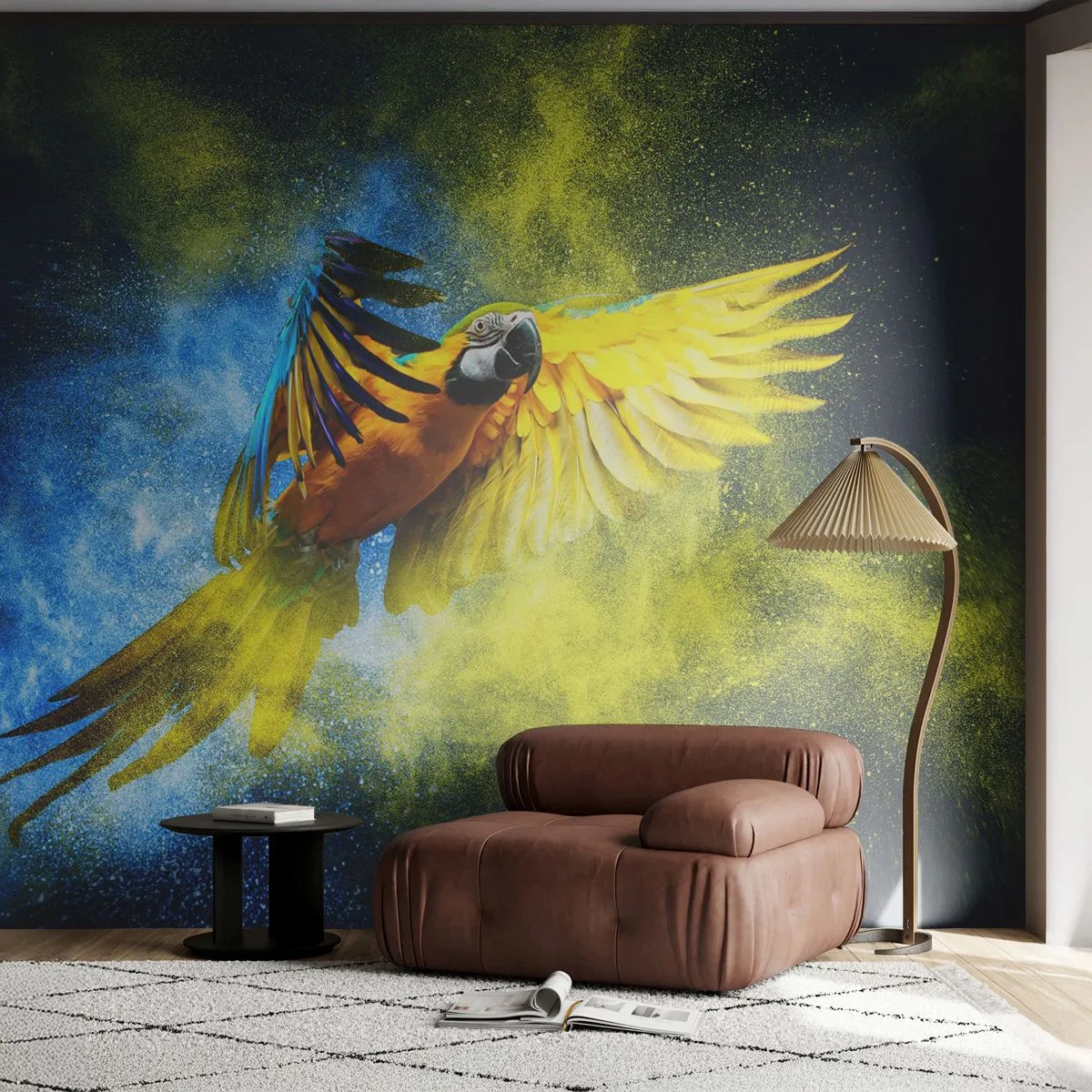 Fototapete Premium Sand - Im blauen und goldenen Staub - Papagei, Abstraktion, Stück - 100x70 cm