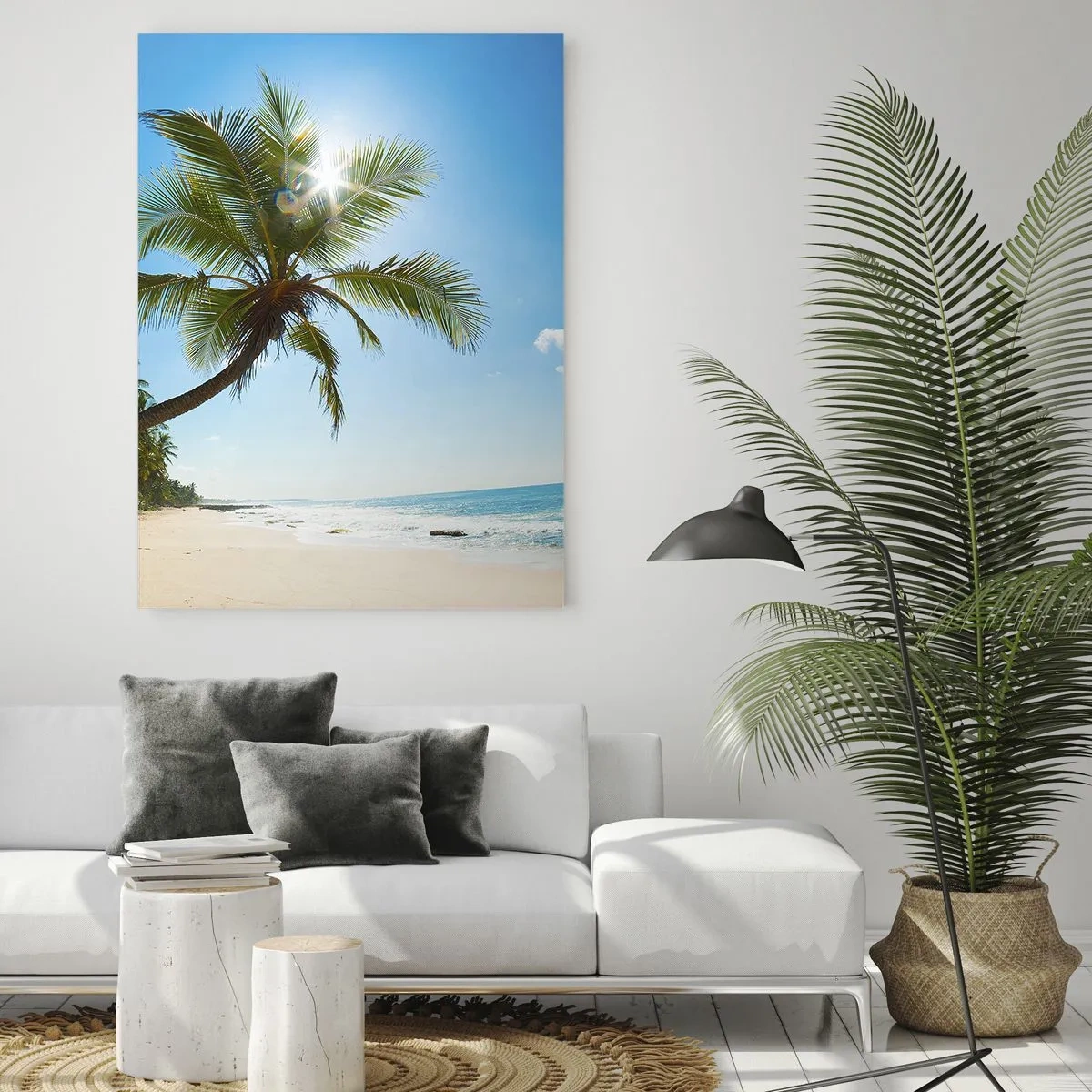 Glasbild - Bild auf glas - Tropischer Strand mit Palmen und blauem Himmel - 50x70cm - Niemandem zeigen - Moderne Wanddekoration für Wohnzimmer und Schlafzimmer ARTTOR