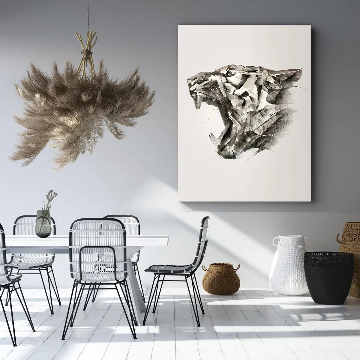 Bild auf Leinwand - Leinwandbild - Abstraktes Bild eines Tigers in Beigetönen - 70x100cm - Du weißt schon wer das Sagen hat - Moderne Wanddekoration für Wohnzimmer und Schlafzimmer ARTTOR