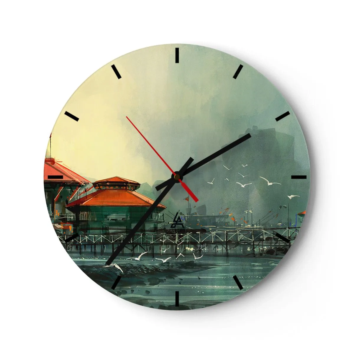 Wanduhr - Glasuhr - Eine Hafenszene mit Pier und Gebäuden vor einem bewölkten Himmel - 30x30cm - Ein sonniger Tag im Hafen - Moderne Wanddekoration für Wohnzimmer, Küche und Schlafzimmer ARTTOR