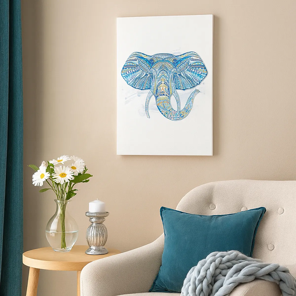 Bild auf Leinwand - Leinwandbild - Geometrischer Elefant in Blau- und Goldtönen - 50x70cm - In Gold und Blau eingelegt - Moderne Wanddekoration für Wohnzimmer und Schlafzimmer ARTTOR