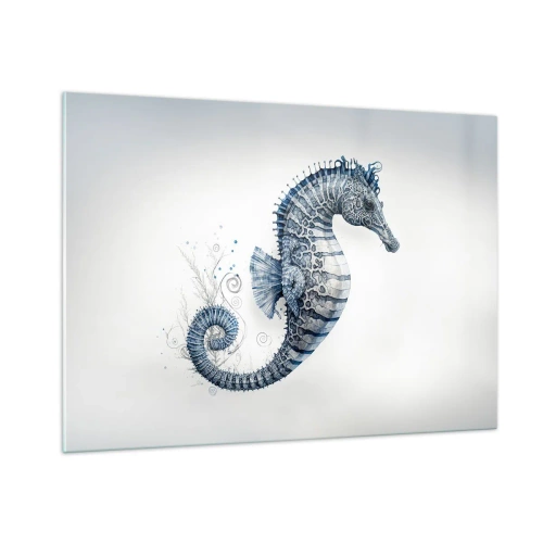 Glasbild - Bild auf glas - Blaues Seepferdchen auf hellem Hintergrund im Zeichenstil - 100x70cm - Subtiler Witz der Natur - Moderne Wanddekoration für Wohnzimmer und Schlafzimmer ARTTOR