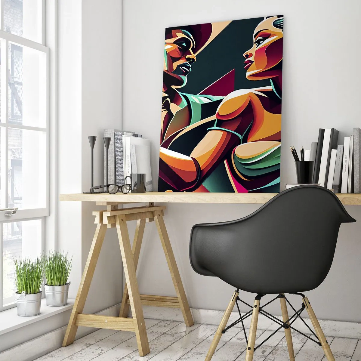 Glasbild - Bild auf glas - Ein farbenfrohes Paar tanzt im Art-Deco-Stil mit dynamischem Ausdruck. - 50x70cm - Im Rhythmus des Herzens - Moderne Wanddekoration für Wohnzimmer und Schlafzimmer ARTTOR