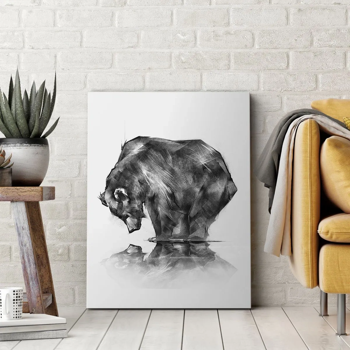 Bild auf Leinwand - Leinwandbild - Eine Zeichnung eines Bären im minimalistischen Stil - 70x100cm - Schön, jemanden in der Nähe zu sehen - Moderne Wanddekoration für Wohnzimmer und Schlafzimmer ARTTOR