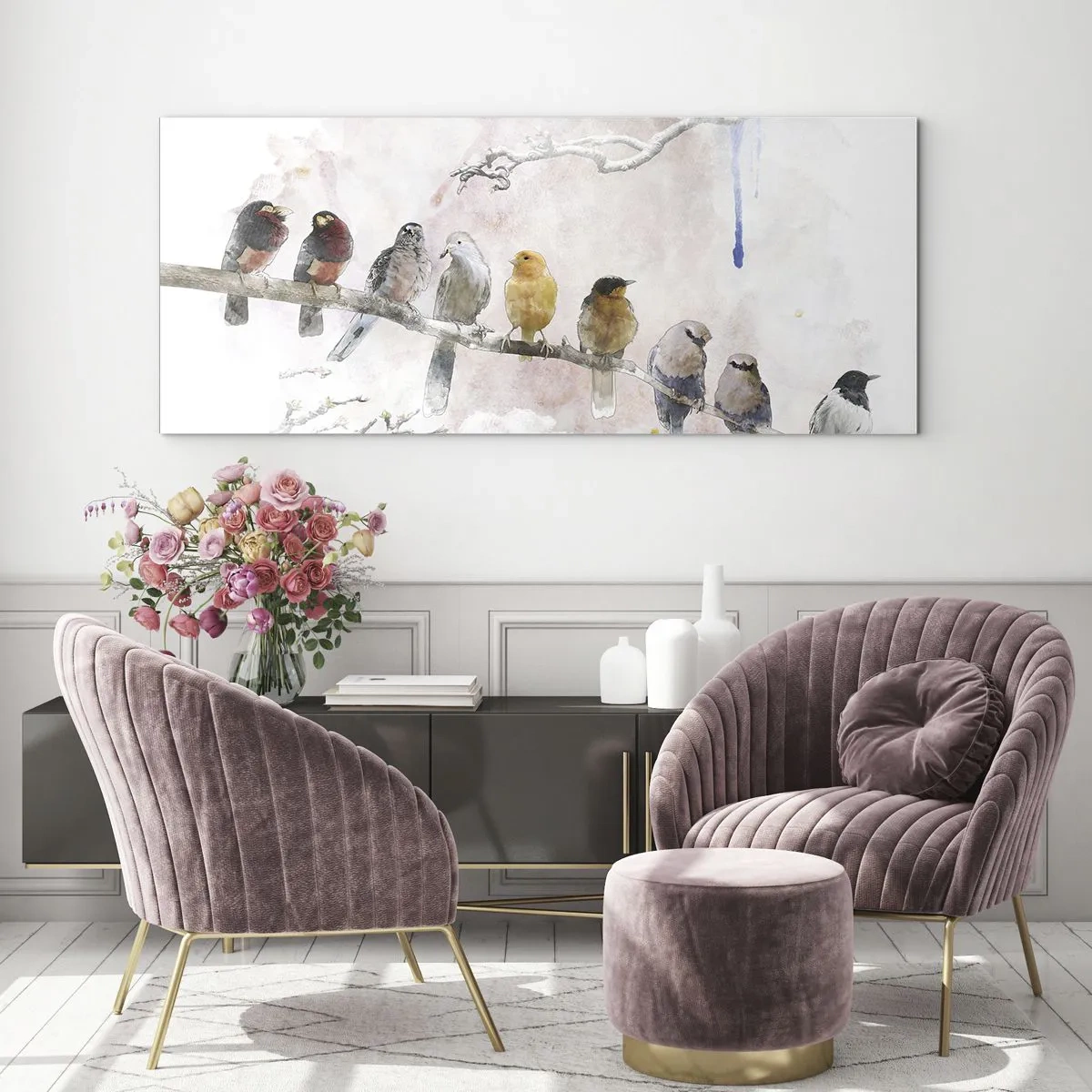 Glasbild - Bild auf glas - Bunte Vögel auf einem Ast im Aquarellstil - 160x50cm - Geflügeltes Treffen - Moderne Wanddekoration für Wohnzimmer und Schlafzimmer ARTTOR