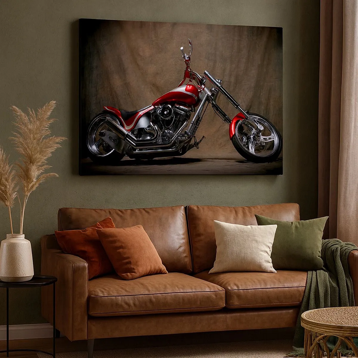 Bild auf Leinwand - Leinwandbild - Rotes Custom-Motorrad vor braunem Stoffhintergrund - 70x50cm - Rote und silberne Schönheit - Moderne Wanddekoration für Wohnzimmer und Schlafzimmer ARTTOR
