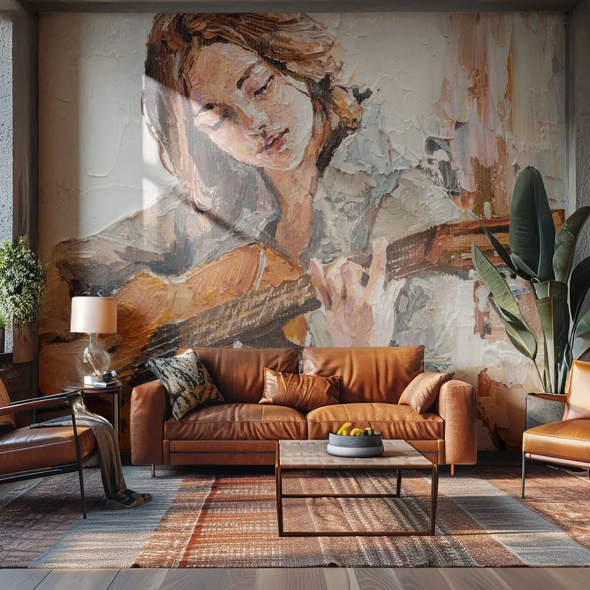 Fototapete Premium Canvas - Porträt eines Gitarre spielenden Mädchens in malerischem Stil mit warmen Farben. - 100x70cm - Konzert für Gitarre und Mädchenherz - Moderne Wanddekoration für Wohnzimmer und Schlafzimmer ARTTOR