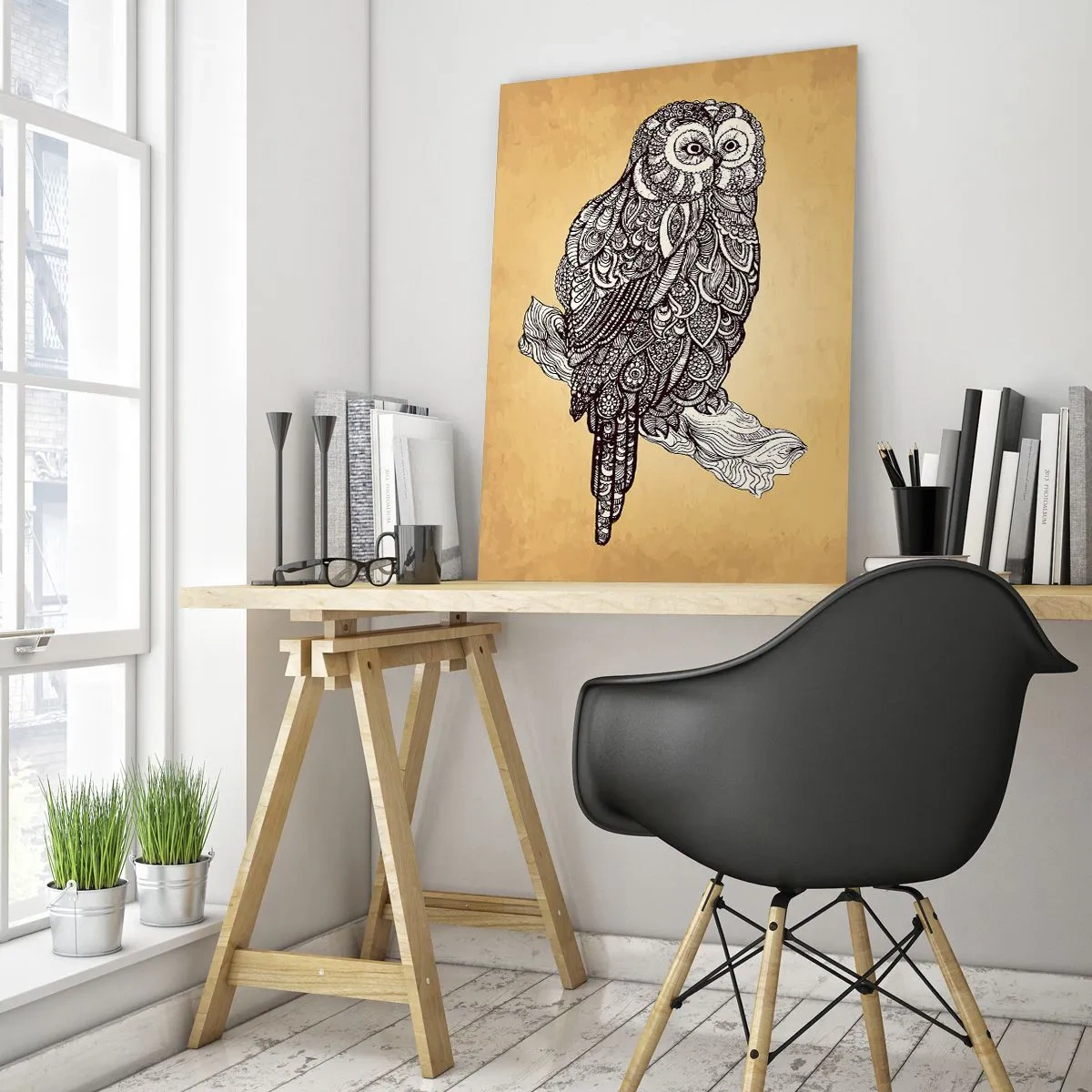 Glasbild - Bild auf glas - Eine Eule im Ornamentstil auf beigem Hintergrund - 70x100cm - Kunstvolle Ornamente der Weisheit - Moderne Wanddekoration für Wohnzimmer und Schlafzimmer ARTTOR