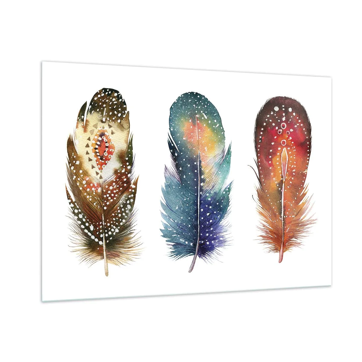 Glasbild - Bild auf glas - Drei bunte Federn mit ethnischen Mustern - 100x70cm - Rituale, Zeremonien, Geheimnisse - Moderne Wanddekoration für Wohnzimmer und Schlafzimmer ARTTOR