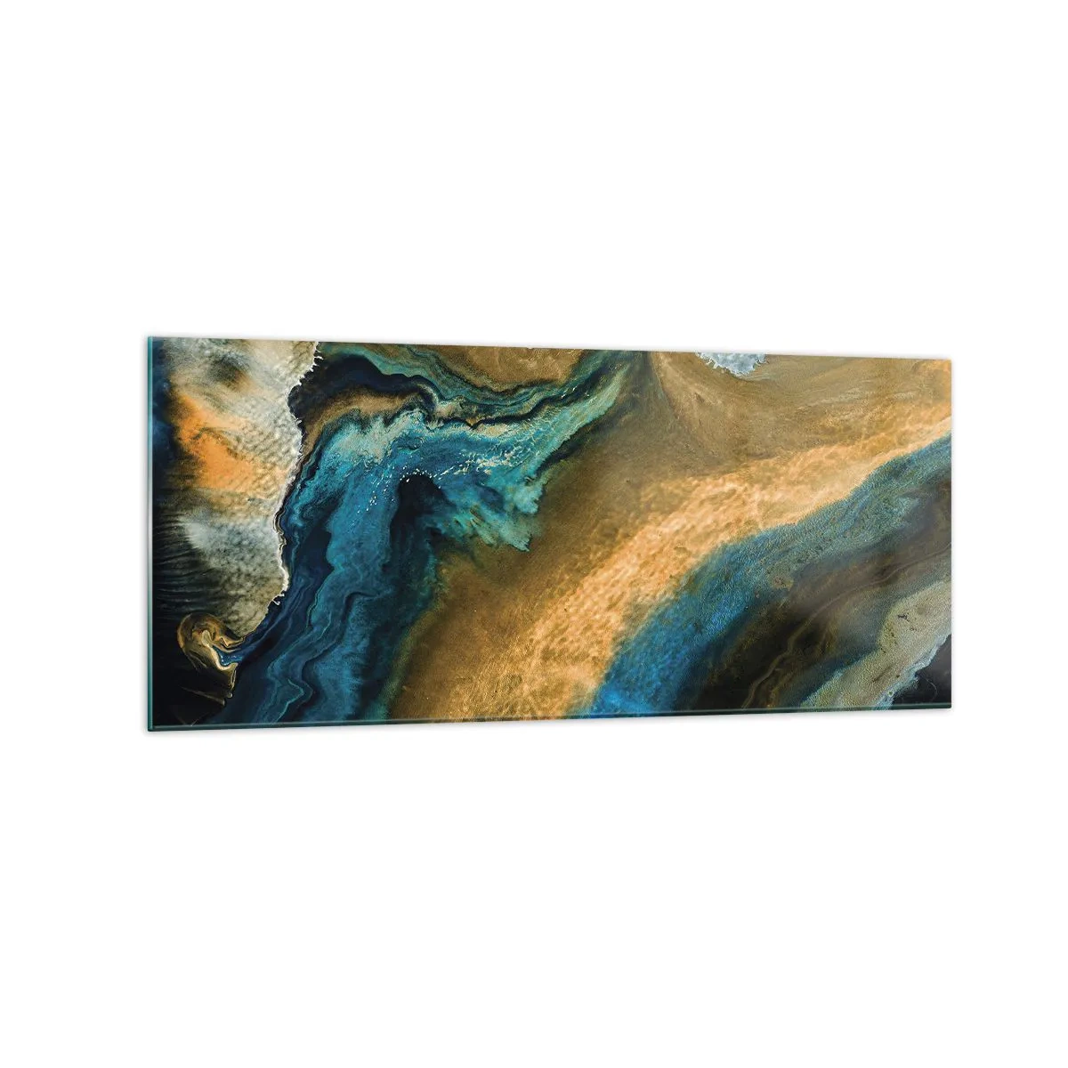 Glasbild - Bild auf glas - Abstrakte Wellen in Gold- und Blautönen - 120x50cm - Blau - Gelb - gegenseitige Beeinflussung - Moderne Wanddekoration für Wohnzimmer und Schlafzimmer ARTTOR