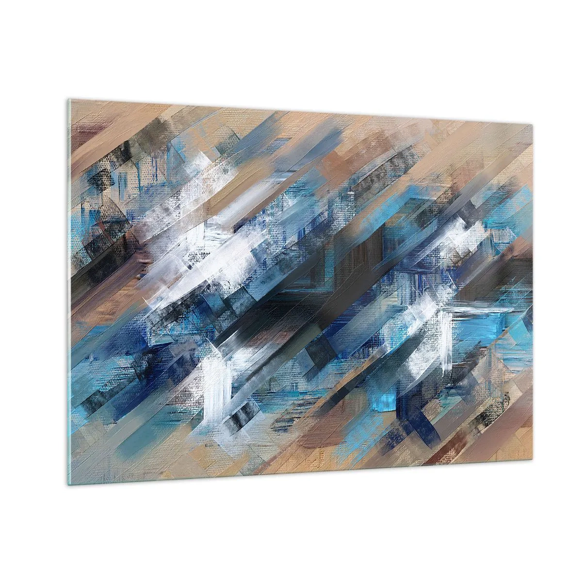 Glasbild - Bild auf glas - Abstrakte diagonale Streifen in Blau-, Weiß- und Beigetönen - 100x70cm - Auf einer blauen Diagonale - Moderne Wanddekoration für Wohnzimmer und Schlafzimmer ARTTOR