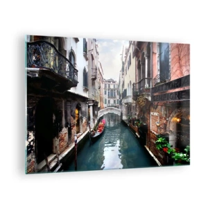 Glasbild - Bild auf glas - Ein venezianischer Kanal mit einer Gondel, umgeben von historischen Gebäuden - 70x50cm - Venezianische Landschaft mit Gondel und Brücke - Moderne Wanddekoration für Wohnzimmer und Schlafzimmer ARTTOR