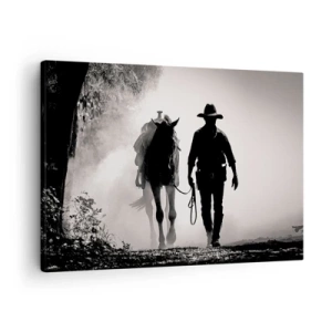 Bild auf Leinwand - Leinwandbild - Cowboy mit Pferd im Morgennebel - 70x50cm - Texas-Morgen - Moderne Wanddekoration für Wohnzimmer und Schlafzimmer ARTTOR