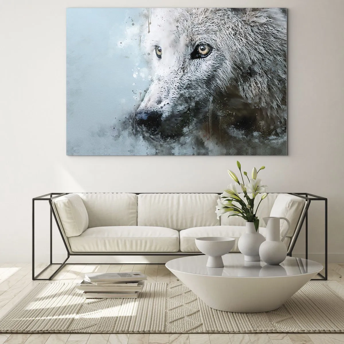 Glasbild - Bild auf glas - Wolfsportrait mit kunstvollen, unscharfen Akzenten in Blautönen - 100x70cm - Lerne die Wolfsseele kennen - Moderne Wanddekoration für Wohnzimmer und Schlafzimmer ARTTOR