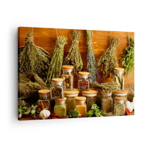 Bild auf Leinwand - Leinwandbild - Kräuter und Gewürze in Gläsern auf rustikalem Hintergrund - 70x50cm - Küchenzauber - Moderne Wanddekoration für Wohnzimmer und Schlafzimmer ARTTOR