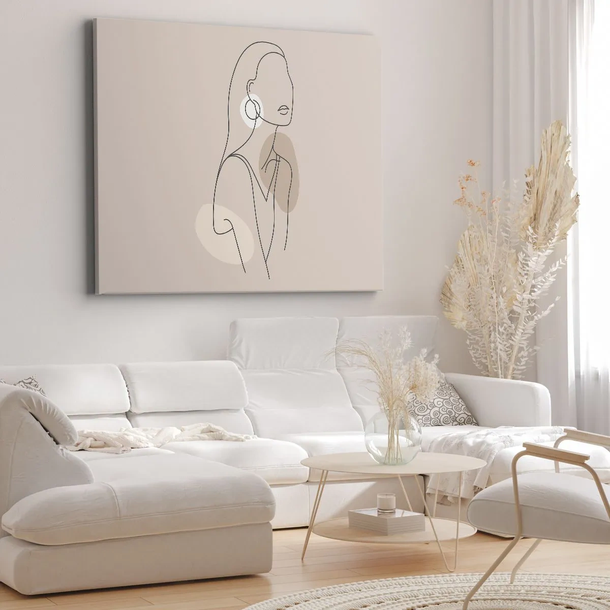 Bild auf Leinwand - Leinwandbild - Minimalistische Illustration einer Frau mit Umrissen auf beigem Hintergrund - 70x50cm - Mädchenhafte Ikone - Moderne Wanddekoration für Wohnzimmer und Schlafzimmer ARTTOR