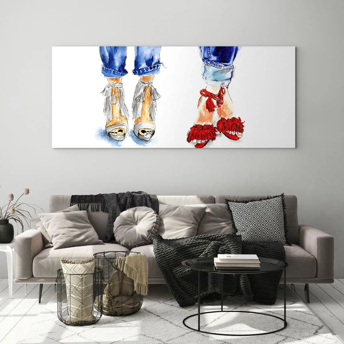 Glasbild - Bild auf glas - Abbildung von zwei Paar Schuhen in stylischen Sandalen und Jeans - 160x50cm - Vielleicht gehen wir spazieren? - Moderne Wanddekoration für Wohnzimmer und Schlafzimmer ARTTOR