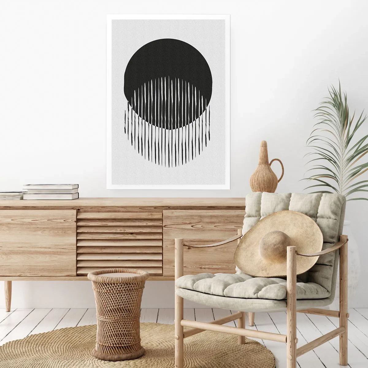 Poster - Abstrakte Komposition aus einem schwarzen Kreis und vertikalen Linien - 50x70cm - Sein Alter Ego - Moderne Wanddekoration für Wohnzimmer und Schlafzimmer ARTTOR