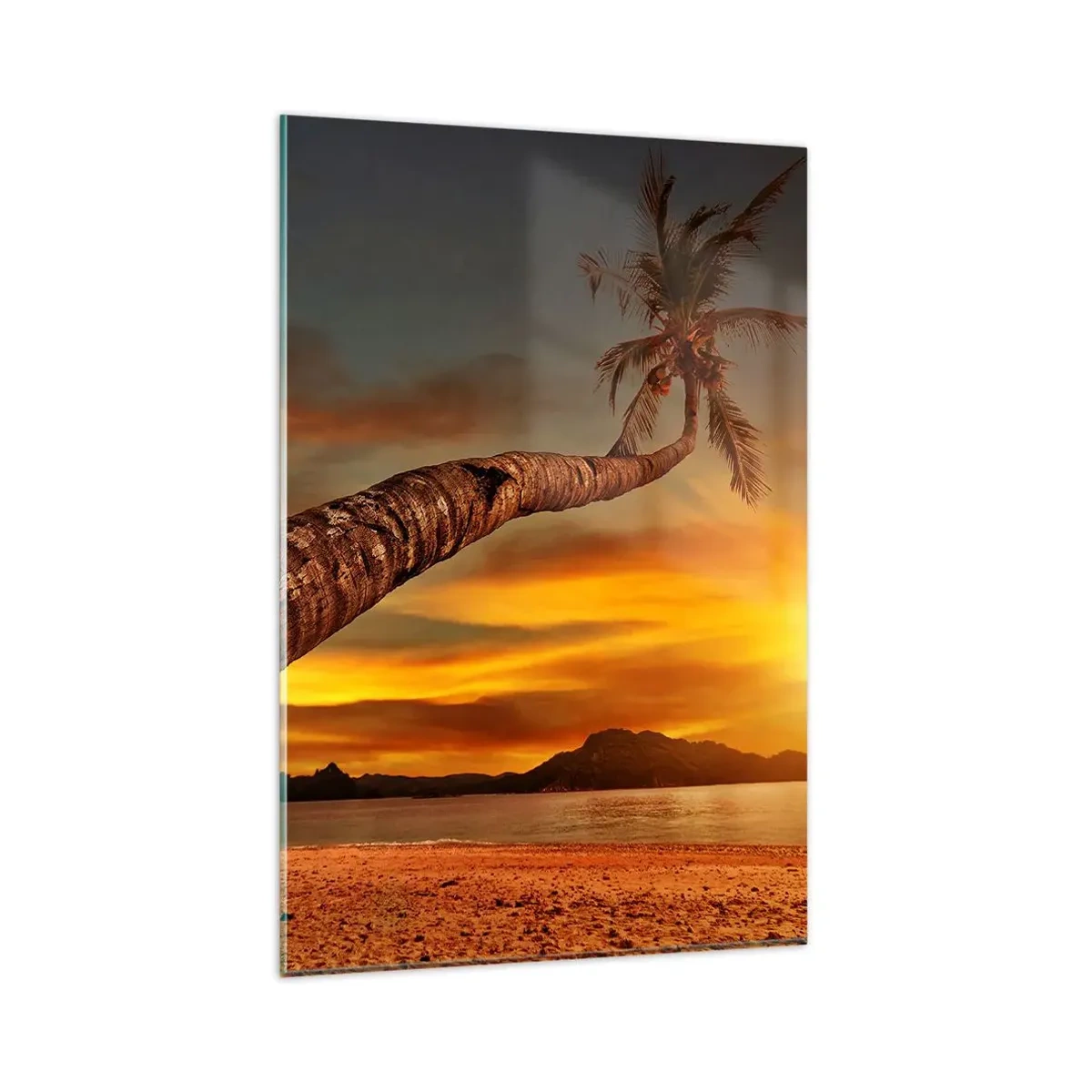 Glasbild - Bild auf glas - Palme am Strand bei Sonnenuntergang mit Blick auf das Meer - 80x120cm - Exotischer Urlaub, karibisches Abenteuer - Moderne Wanddekoration für Wohnzimmer und Schlafzimmer ARTTOR