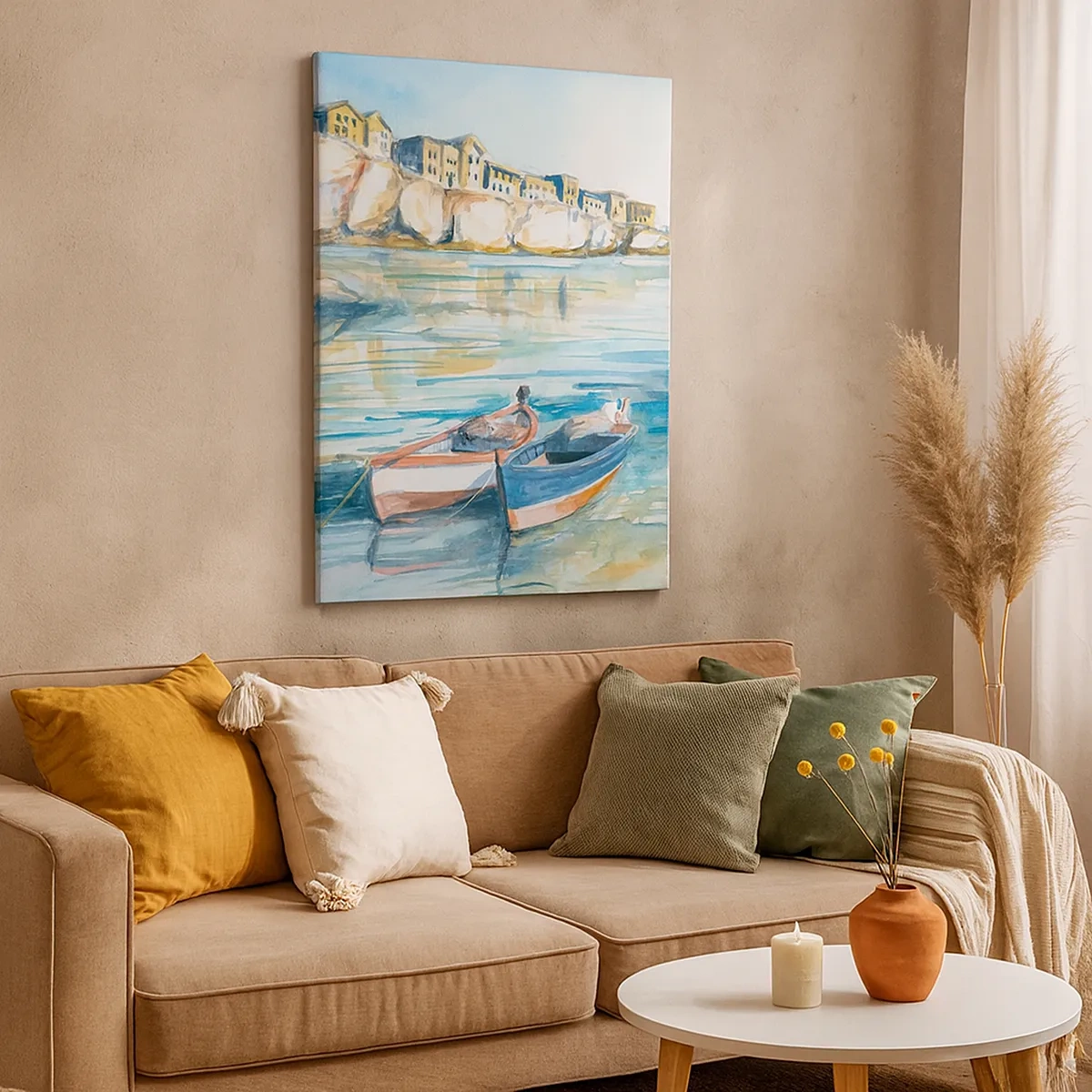 Bild auf Leinwand - Leinwandbild - Eine malerische Küstenlandschaft mit Booten auf dem Wasser - 50x70cm - Landschaft in Azurblau - Moderne Wanddekoration für Wohnzimmer und Schlafzimmer ARTTOR