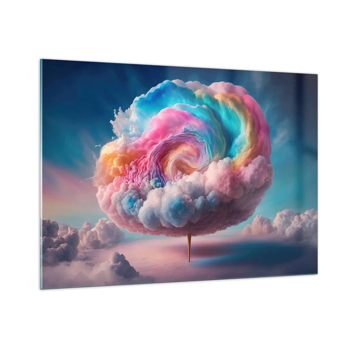 Glasbild - Bild auf glas - Eine fantasievolle Wolke in Pastellfarben, die an Zuckerwatte erinnert. - 100x70cm - Traum von einem Vergnügungspark - Moderne Wanddekoration für Wohnzimmer und Schlafzimmer ARTTOR