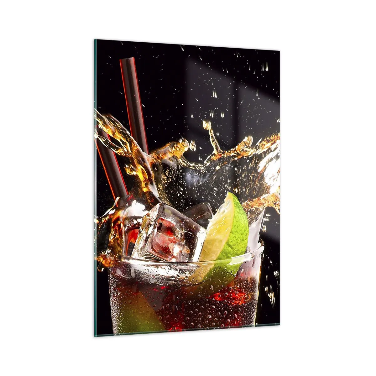 Glasbild - Bild auf glas - Ein Glas Getränk mit Limette und Spritzer auf schwarzem Hintergrund - 50x70cm - Freude und Energie der Farben - Moderne Wanddekoration für Wohnzimmer und Schlafzimmer ARTTOR
