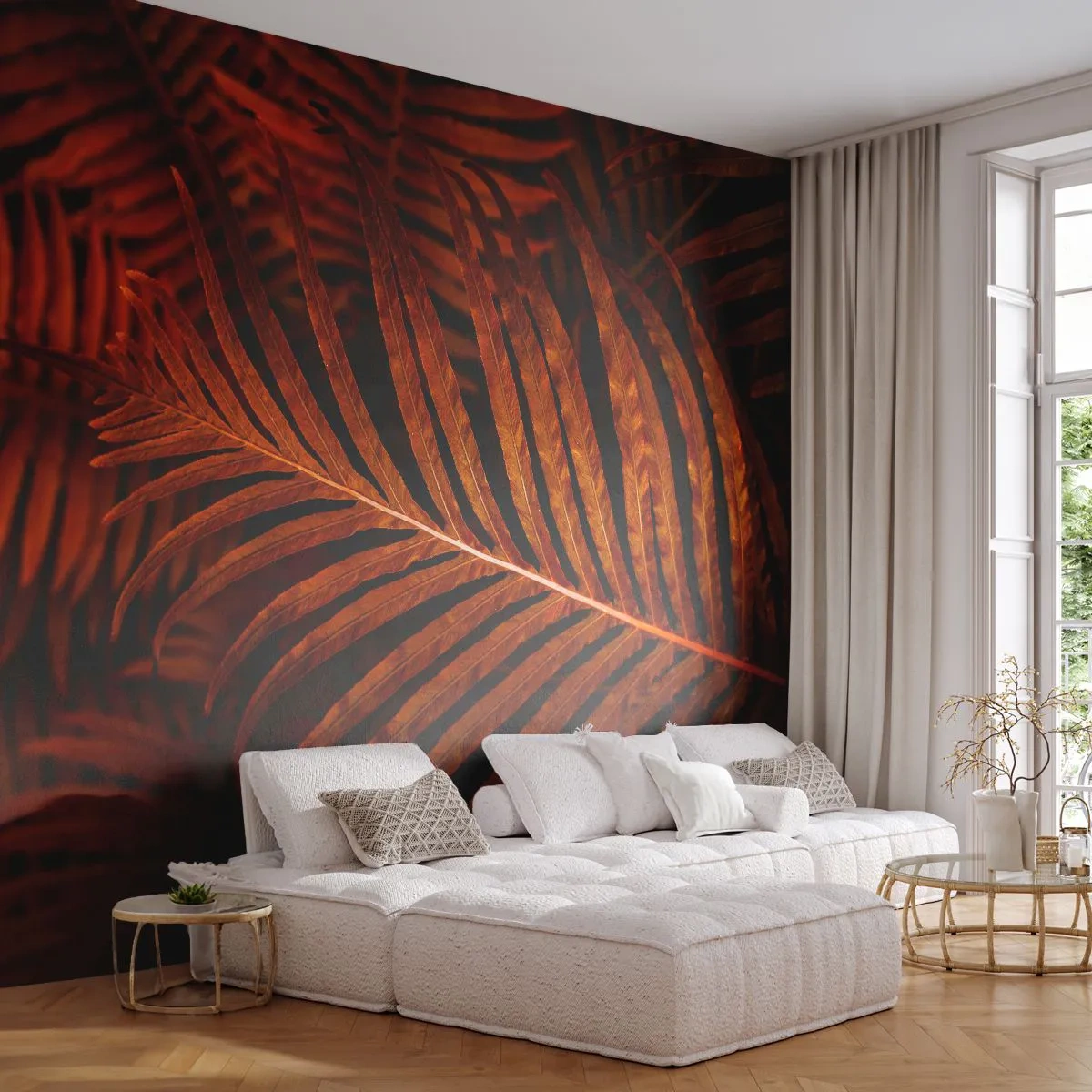 Fototapete Premium Canvas - Die Hitze des Lebens - Abstraktion, Palmenblätter, Tropische Pflanze - 250x175 cm
