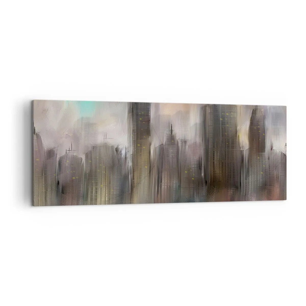 Bild auf Leinwand - Leinwandbild - Eine künstlerische Vision einer Stadtlandschaft mit Wolkenkratzern in Pastellfarben. - 140x50cm - Eine Komposition aus Stahl, Stein und Nebel - Moderne Wanddekoration für Wohnzimmer und Schlafzimmer ARTTOR