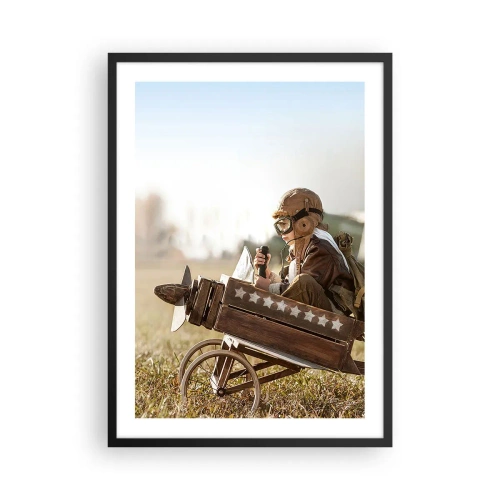 Poster in einem schwarzem Rahmen - Ein Kind in einem Holzflugzeug mit Sternen im Hintergrund - 50x70cm - Start in Richtung eines Traums - Moderne Wanddekoration für Wohnzimmer und Schlafzimmer ARTTOR