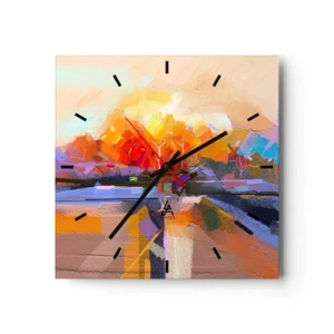 Wanduhr - Glasuhr - Eine abstrakte Landschaft mit intensiven Herbstfarben. - 30x30cm - Der Herbst ist geworden - Moderne Wanddekoration für Wohnzimmer und Schlafzimmer ARTTOR