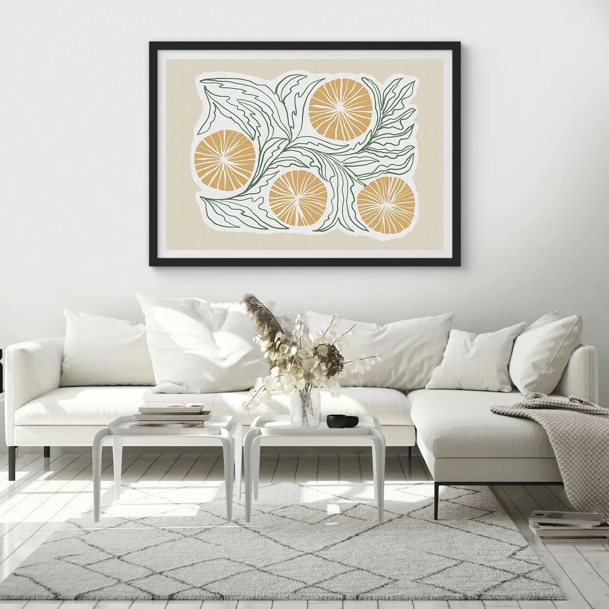 Poster in einem schwarzem Rahmen - Ein minimalistisches orangefarbenes Motiv mit grünen Blättern - 70x50cm - Ethnisch mit einem Hauch von Abstraktion - Moderne Wanddekoration für Wohnzimmer und Schlafzimmer ARTTOR