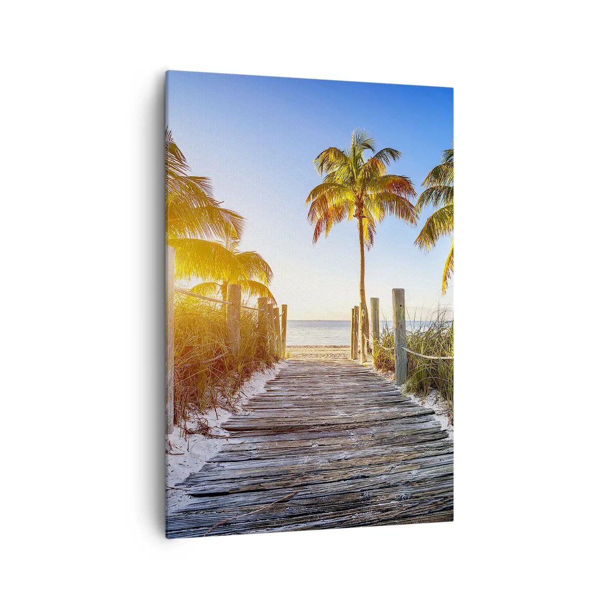 Bild auf Leinwand - Leinwandbild - Holzweg am Strand mit Palmen im Hintergrund - 70x100cm - Direkt ins Paradies - Moderne Wanddekoration für Wohnzimmer und Schlafzimmer ARTTOR
