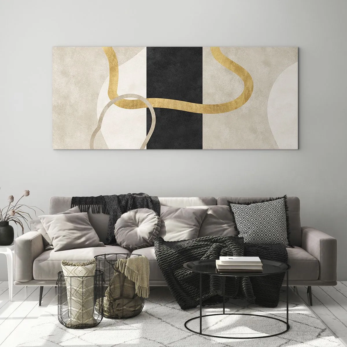 Glasbild - Bild auf glas - Ein minimalistisches Design mit geschwungenen Formen in Gold und Schwarz. - 160x50cm - Schleifenformen - Moderne Wanddekoration für Wohnzimmer und Schlafzimmer ARTTOR