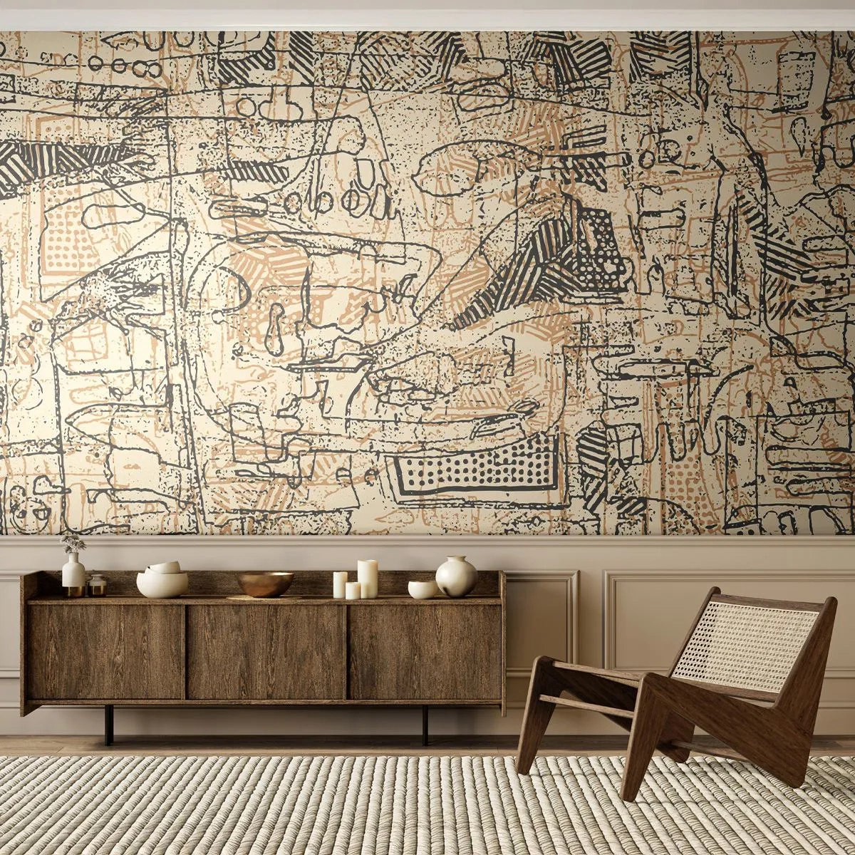 Fototapete Premium Sand - Ein abstraktes Muster aus Linien, Zeichen und beigen Punkten. - 100x70cm - Es wartet darauf, entschlüsselt zu werden - Moderne Wanddekoration für Wohnzimmer und Schlafzimmer ARTTOR