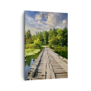 Bild auf Leinwand - Leinwandbild - Eine malerische Landschaft mit einer Brücke und einem Schwan - 70x100cm - Sommer, Sommer überall - Moderne Wanddekoration für Wohnzimmer und Schlafzimmer ARTTOR