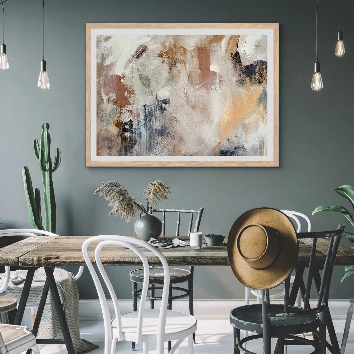 Poster in einem Rahmen aus heller Eiche - Neblige Abstraktion - 100x70 cm