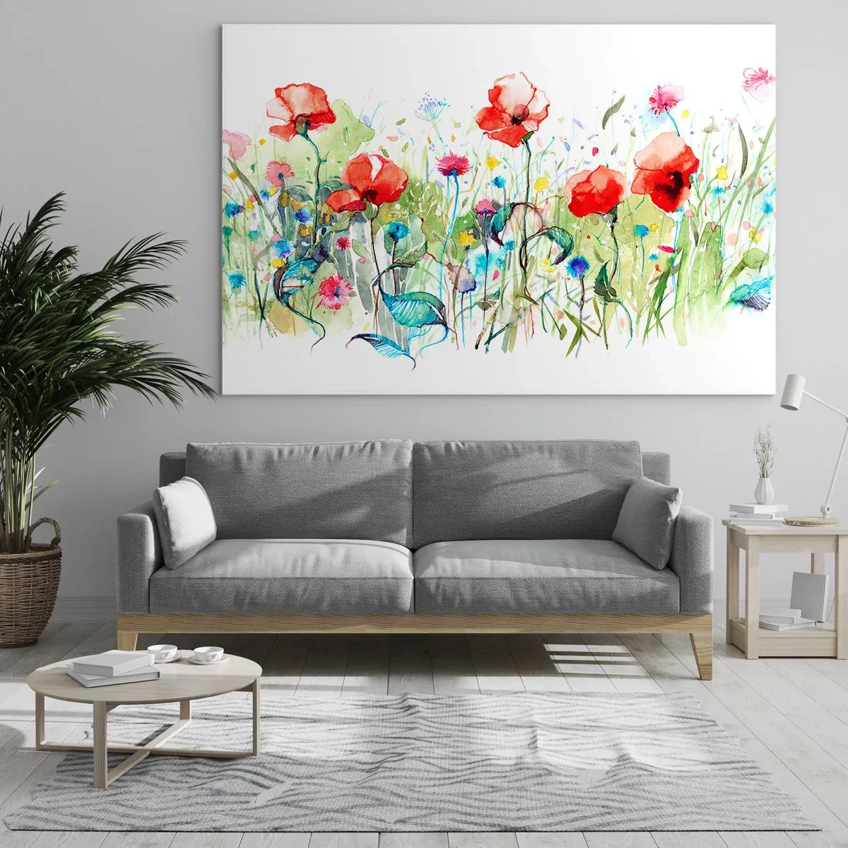 Glasbild - Bild auf glas - Bunte Mohnblumen und Wildblumen im Aquarellstil - 120x80cm - Blühende Maiwiese - Moderne Wanddekoration für Wohnzimmer und Schlafzimmer ARTTOR