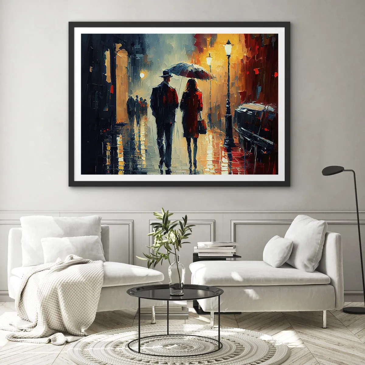 Poster in einem schwarzem Rahmen - Nachts im Regen unter einem Regenschirm in der Stadt spazieren gehen - 70x50cm - Urbane Liebesgeschichte - Moderne Wanddekoration für Wohnzimmer und Schlafzimmer ARTTOR