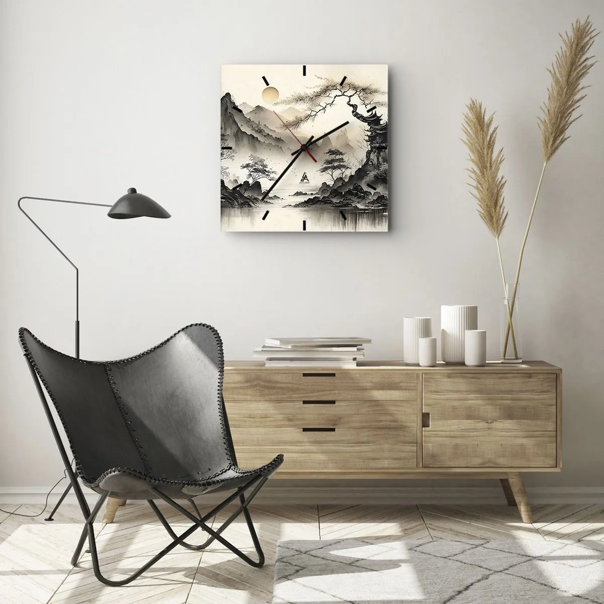 Wanduhr - Glasuhr - Eine orientalische Landschaft mit Bergen und einer Pagode in zarten Farbtönen. - 30x30cm - Einzigartiger Charme des Orients - Moderne Wanddekoration für Wohnzimmer und Schlafzimmer ARTTOR