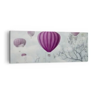 Bild auf Leinwand - Leinwandbild - Lila Ballons schweben über den Bäumen in den Wolken - 140x50cm - Wie Schiffe am Himmel - Moderne Wanddekoration für Wohnzimmer und Schlafzimmer ARTTOR