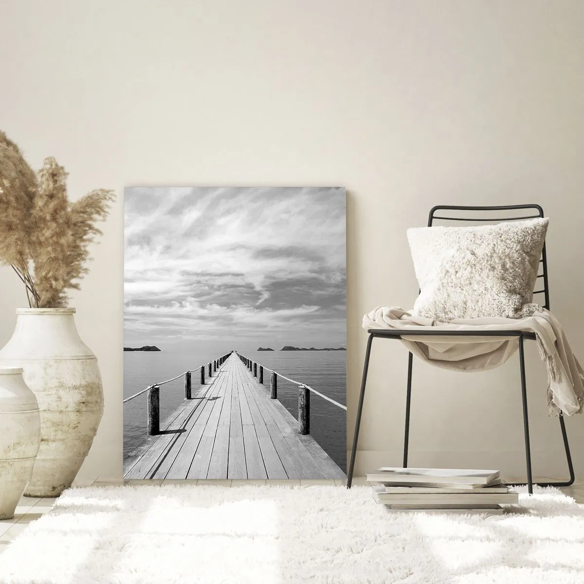 Glasbild - Bild auf glas - Ein Holzsteg, der über ein ruhiges Meer in die Ferne führt - 50x70cm - Oder vielleicht eine Reise ... - Moderne Wanddekoration für Wohnzimmer und Schlafzimmer ARTTOR