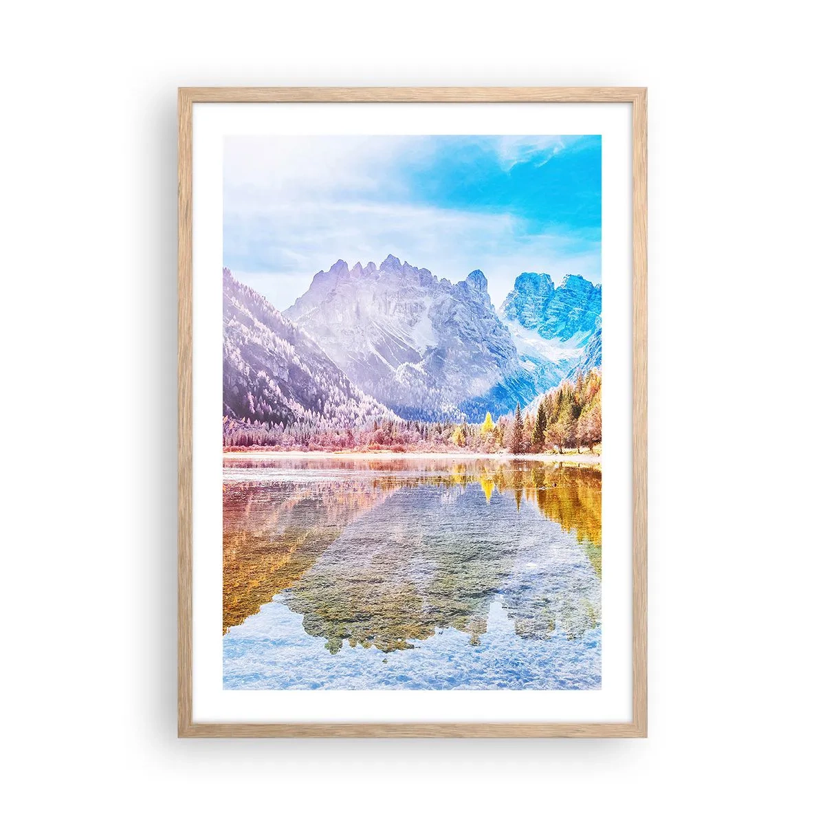 Poster in einem Rahmen aus heller Eiche - Und in den Bergen ist es schon Herbst - 50x70 cm