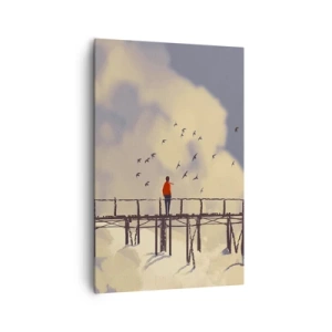 Bild auf Leinwand - Leinwandbild - Eine Figur auf einer Brücke zwischen Wolken mit Vögeln am Himmel - 80x120cm - Blaue Sehnsucht - Moderne Wanddekoration für Wohnzimmer und Schlafzimmer ARTTOR